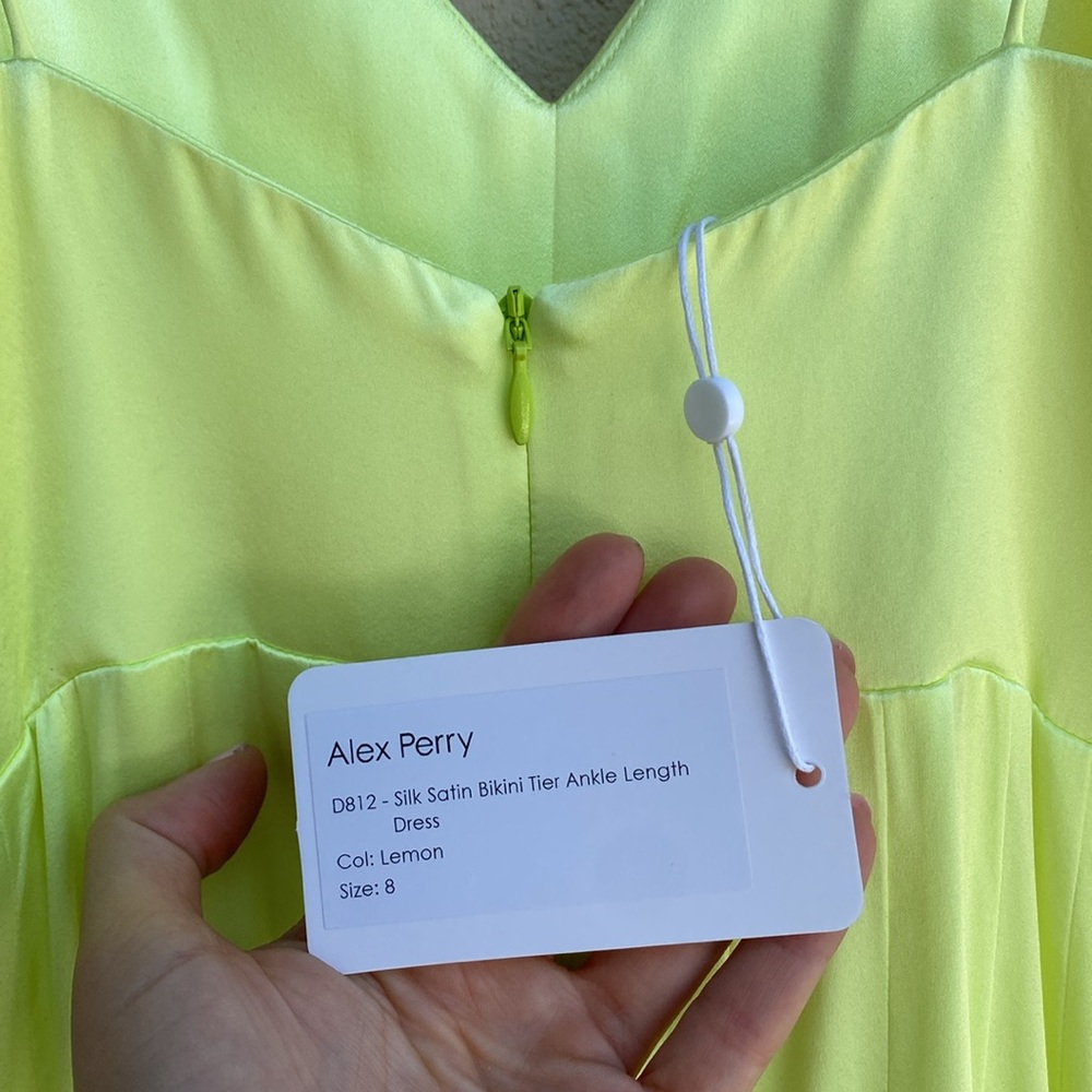Alex Perry NWT Silk Satin Bikini Tier Ankle Length Dress in Lemon 8 - Picture 7 of 17